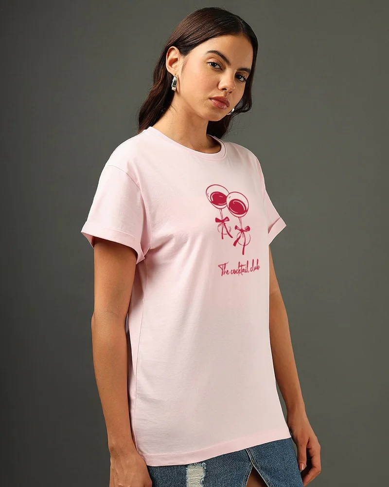 bewakoof Women's Pink Cocktail Club Graphic Printed Boyfriend T-shirt